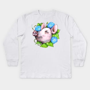 Pig in the Morning Glories Kids Long Sleeve T-Shirt